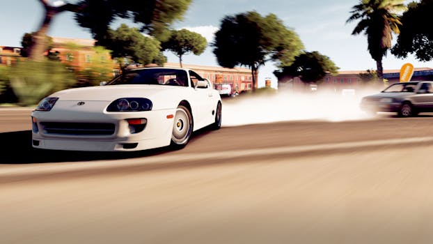 A white sports car drifting on a sunny day with smoke trail on an urban road.