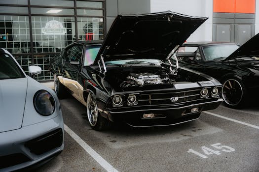 A vintage car with its hood open, showcasing the engine, parked alongside other vehicles in a lot.